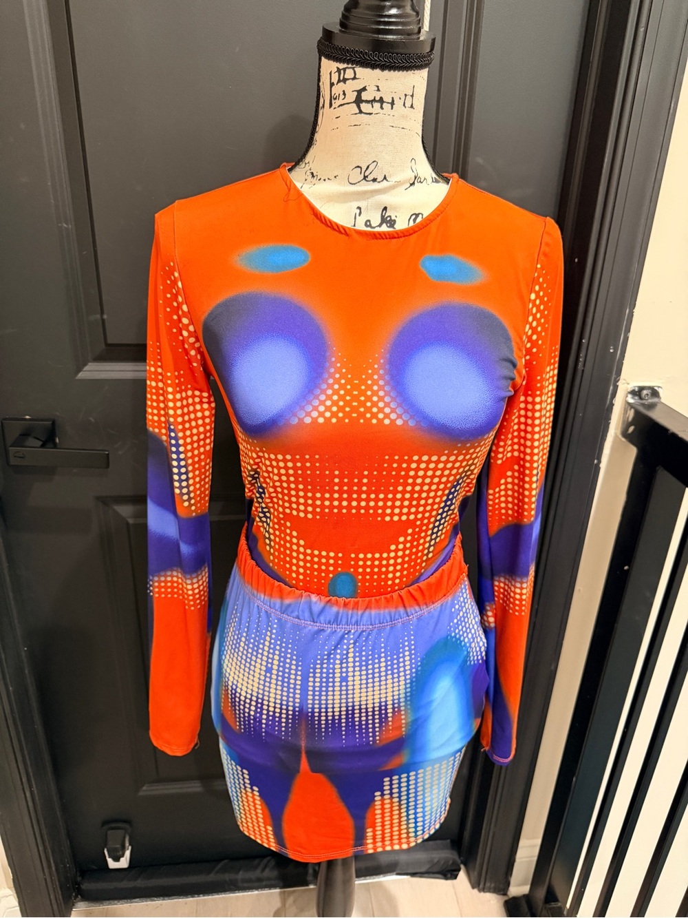 Fashion Nova Orange and Blue Abstract Print Two-Piece Skirt Set size L
